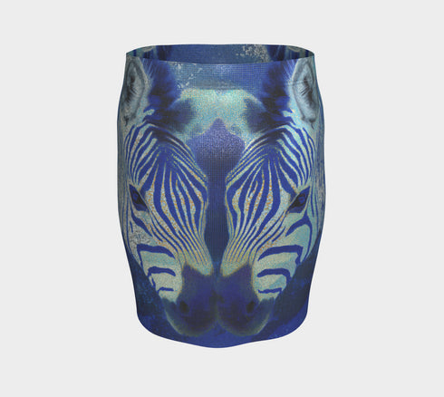 A high-waisted, bodycon mini skirt with a tight, fitted silhouette ending mid-thigh. The skirt features a vibrant, all-over graphic print of a mirrored zebra head in electric and royal blue tones against a dark blue, pixelated background. The zebra's stripes have a textured, glittery appearance in shades of silver and light blue. The skirt is made from a smooth, stretchy performance knit fabric with a subtle sheen, designed to hug the body's curves.